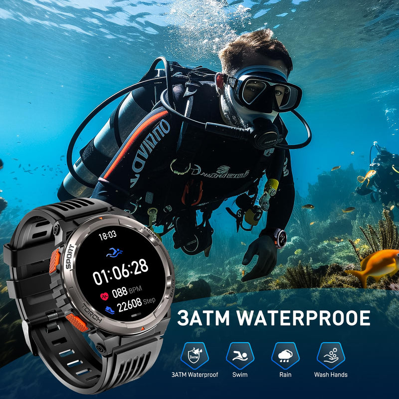 Military Smart Watches for Men with LED Flashlight Compass 3ATM Waterproof | Tactical Rugged Smart Watch with 1.45" HD, Sports Fitness Tracker with Heart Rate/SPO2/Sleep Monitor for Android & iPhone KE5-Orange Button