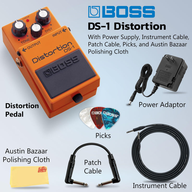 Boss DS-1 Distortion Bundle with Gearlux Power Supply, Instrument Cable, Patch Cable, Picks, and Austin Bazaar Polishing Cloth DS - 1 Bundle w/ Power Supply