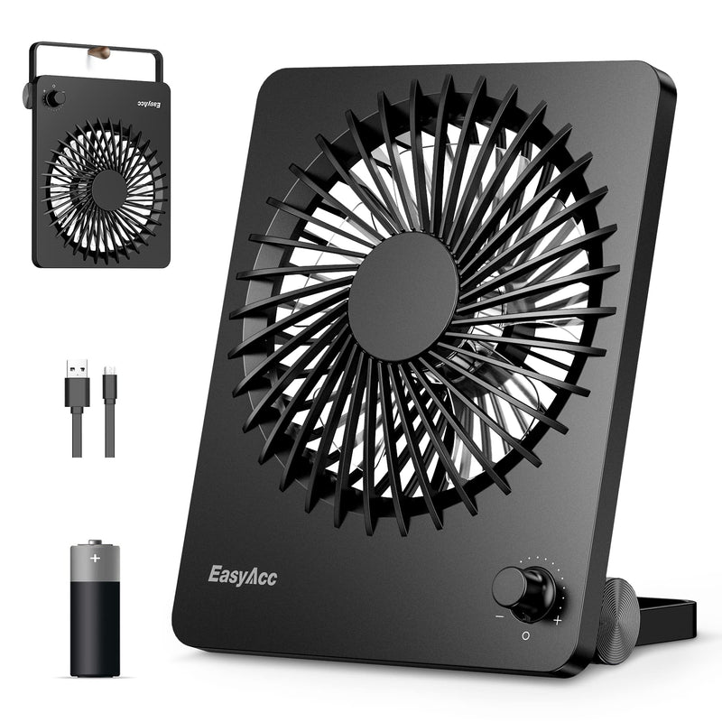 Portable Desktop Battery Operated Fan, EasyAcc 6-Inch Personal Small Desk Fan, [Quiet Step-less Speed Control Fan] 160°Tilt Foldable Hanging Standing Cooling Fan for Travel Office Home Outdoor Black