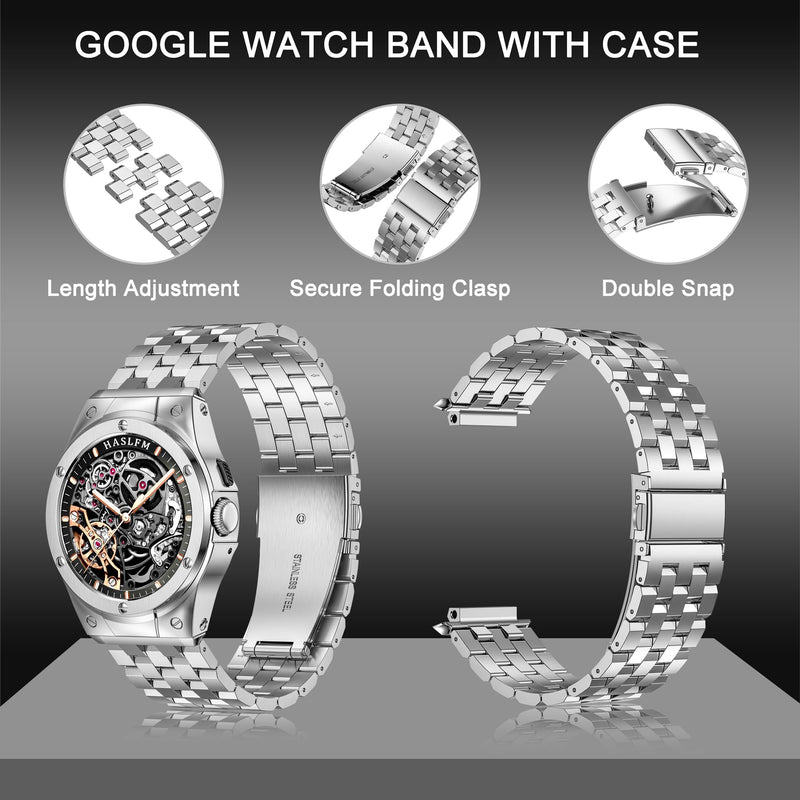 Stainless Steel Case with Band Compatible for Google Pixel Watch 3 45mm /Pixel 3/2/1 41mm, Rugged Metal Wristband Strap with Protector Bumper Cover for Men Silver Google Pixel Watch 1/2/3(41mm)