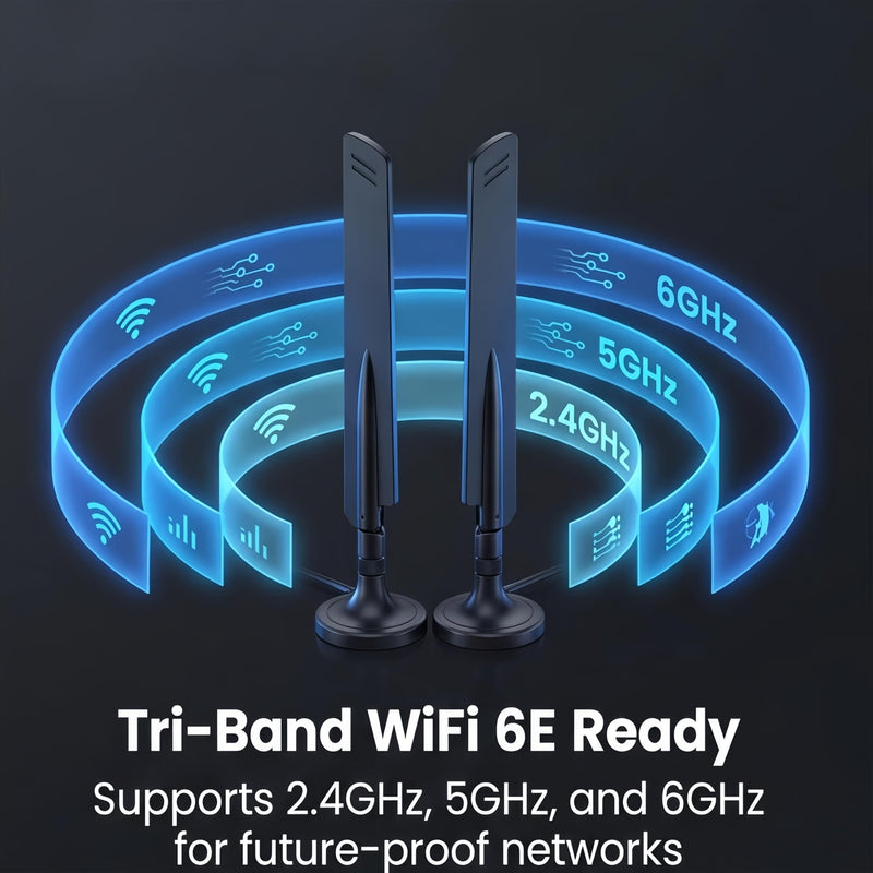 2-Pack 10dBi WiFi 6E Tri-Band Antenna RP-SMA – 6GHz/5GHz/2.4GHz High Gain Omni-Directional with Magnetic Base & 59in Extension Cable for PC, PCIe WiFi 6E Card, Router, Bluetooth RP-SMA Male（Inner hole) Magnetic