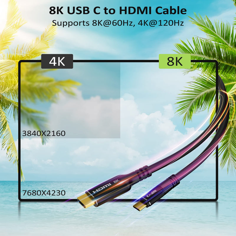 8K USB C to HDMI 2.1 Cable 30 FT, (8K@60Hz,4K@120Hz, HDR), Thunderbolt 3/4 Compatible, for iPhone 15 Series, MacBook Pro/Air, iPad Pro, Galaxy S23, Note 20, Surface, Dell, HP, with 2 HDMI Adapters 30FT