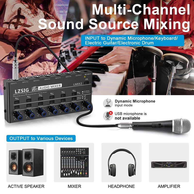 LZSIG Mini Audio Mixer,Stereo Line Mixer for Sub-Mixing,Ultra Low-Noise,6-Channel,Microphone Independent Control, 1/4" & 1/8" TRS Output and Input, for Guitars,Bass,Keyboards Medium(6-channel)
