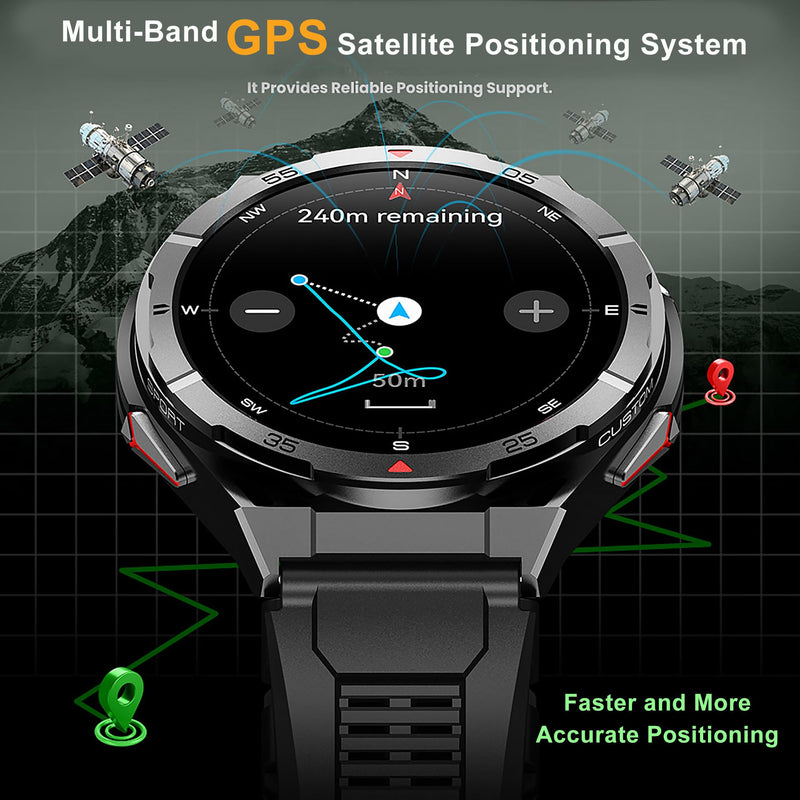 Military GPS Smart Watch: 1.43” AMOLED Always On Display, Built-In GPS, Compass, Altimeter, Barometer, Fitness/Path Tracker, BT Call, 150+ Sports, IP69K, Voice Assist, Long Battery Life, Android/iOS