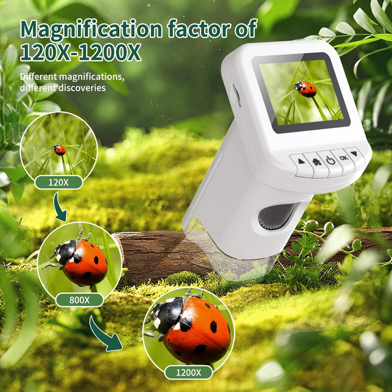[AUSTRALIA] - 1200X Handheld Portable Microscope for Kids Digital Scope 2.0" Screen Rechargeable STEM Toy Slide Kit Pocket Science Gift for Children Ages 6-12 Students (White) White 