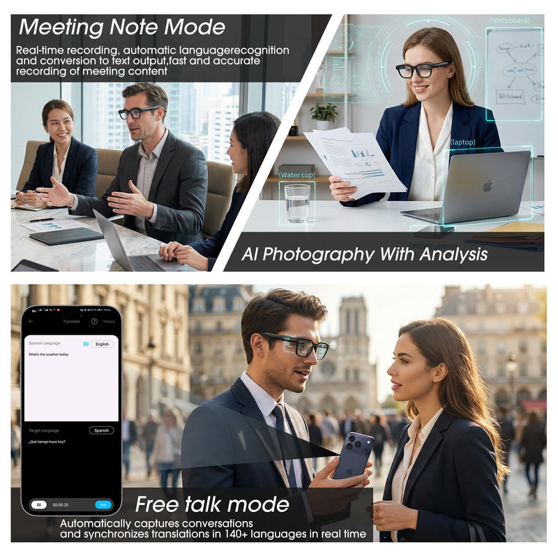 Ai Smart Glasses with Camera, 4K 8MP HD Photo and Video Recording with Real-Time Translation/Object Recognition/AI Voice Q&A/Recording, Calls and Music, UV & Blue Light Protection, Photochromic lens Shine Black M08