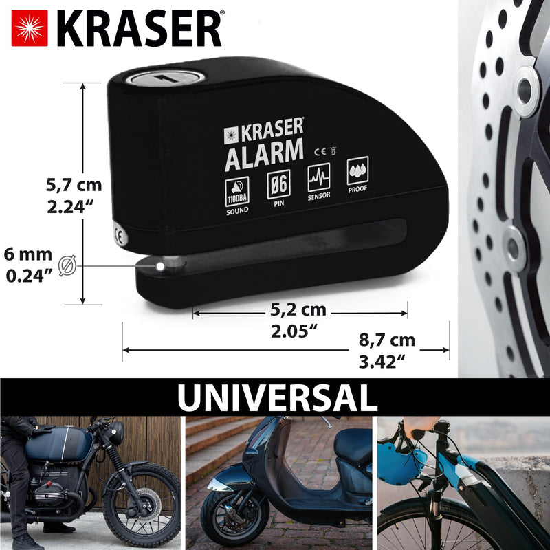 KRASER 6Y Alarm Disc Lock, Reinforced Disc Brake Lock with 3 Keys (Others 2), Heavy Duty Anti-Theft Motorcycle with Alarm,110dB, Weather-Resistant, Reminder Cable, Pouch, Motorbike Moped E-Bike Black