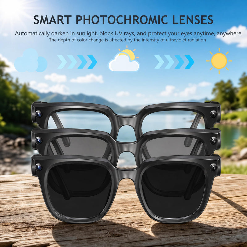 AI Smart Glasses with Camera,4K Photo & Video Capture,Real-Time Translation | 8MP HD Bluetooth Glasses Camera, AI Assistant with Object Recognition, Open Earbuds, Travel, Work, Vlog (Photochromic)