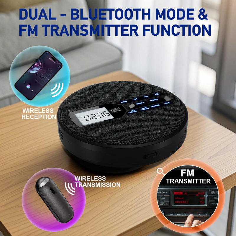 [AUSTRALIA] - Portable CD Player with Dual Bluetooth, Discman for Car with FM Transmitter, Rechargeable, Dual Speakers and Anti Skip,USB,AUX,LCD Display,Backlit Button,Repeat,10 Speeds Black 