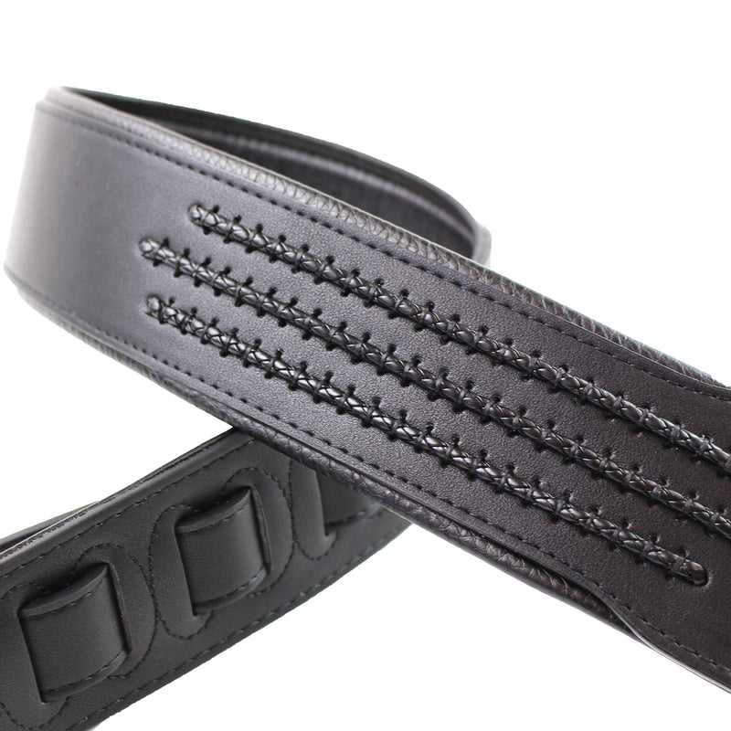 Walker & Williams G-55-BLK Matte Black Padded Guitar Strap with Black Leather Lacing