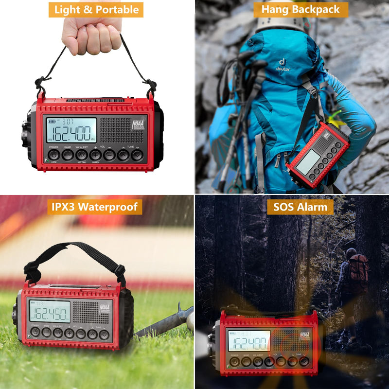Raynic Emergency Radio, 5000mAh/18500mWh Weather Radio, Solar Hand Crank Emergency Radio with AM/FM/SW/NOAA, Cell Phone Charger, Headphone Jack, Flashlight, Type-C Charging and SOS Siren for Hurricane Red-LCD Display