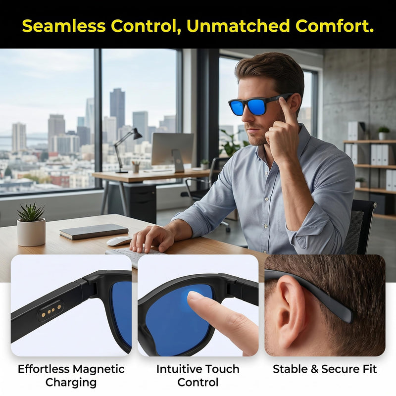 AI Smart Bluetooth 5.4 Glasses for Men Women,140+Languages (Black Blue) | Real-Time Two-Way Translate,UV Protection&Anti-Glare,Touch Control,for Sports,Travel,Driving,Business Black Frame Blue Lens