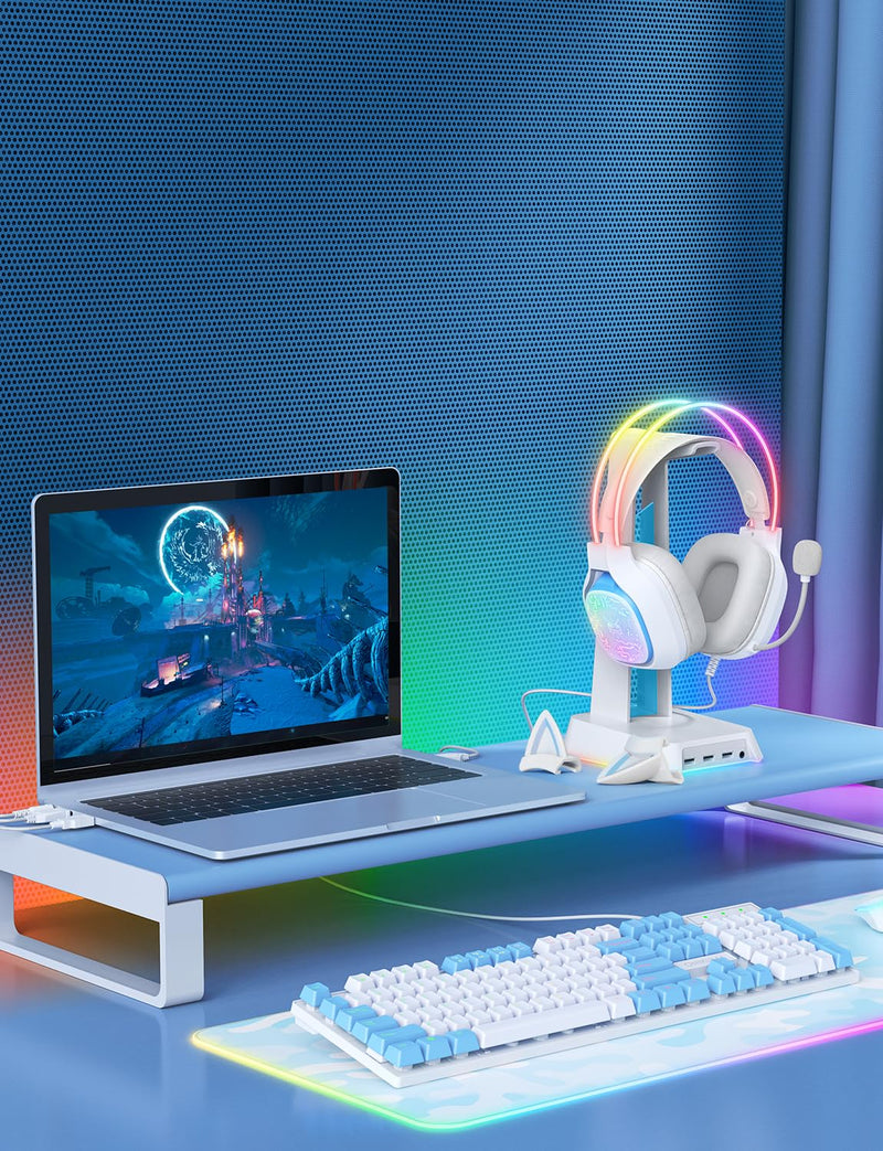 Gaming Headset with Microphone, RGB Lights, Detachable Cat Ear, Lightweight Over-Ear Headphones with Adjustable Headband for PC, PS4, PS5, Mac, Switch, Surround Sound, in-Line Control, White