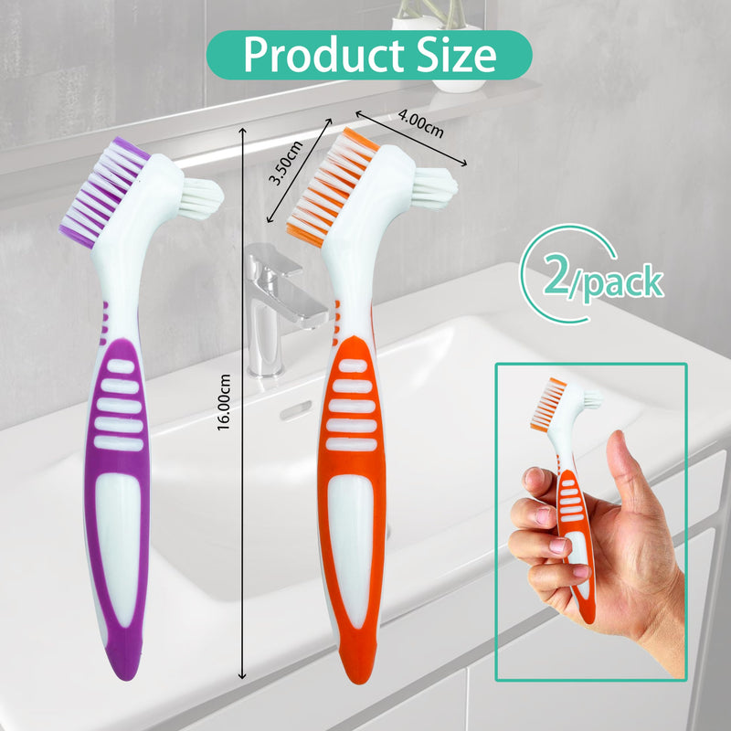 FloraVigo 2 Pack Denture Toothbrush, Mini Toothbrush, Double Angle Brush Head, Portable Ergonomic Denture Cleaning Brush, Dental Device (Green + Orange) Green + Orange
