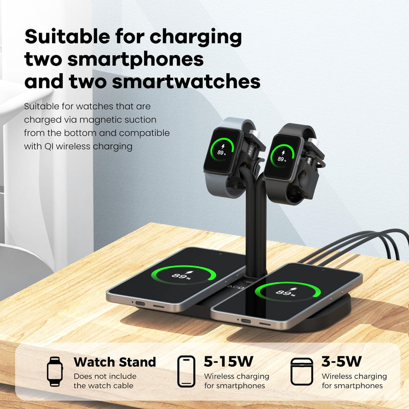 4-in-1 Dual iPhones Wireless Charging Dock and Dual iwatch Stand | Charger Stand for iPhone, for AirPods/Buds, for Samsung,for Galaxy Fit/Xiaomi Band/Amazfit Band/Fitbit Inspire HR(433-B) A433SW-Black