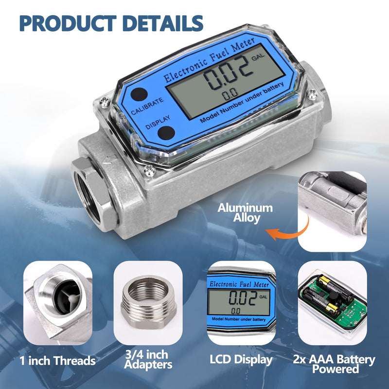 [AUSTRALIA] - 1" Turbine Fuel Flow Meter, 2.6-26 GPM Inline NPT Thread Flowmeter with 3/4" Adapters,Digital Fuel Flow Meter,for Kerosene,Biodiesel, Light Chemicals- Supports Gallon, LTR, PT, QT 1 Inch & 3/4 Inch 