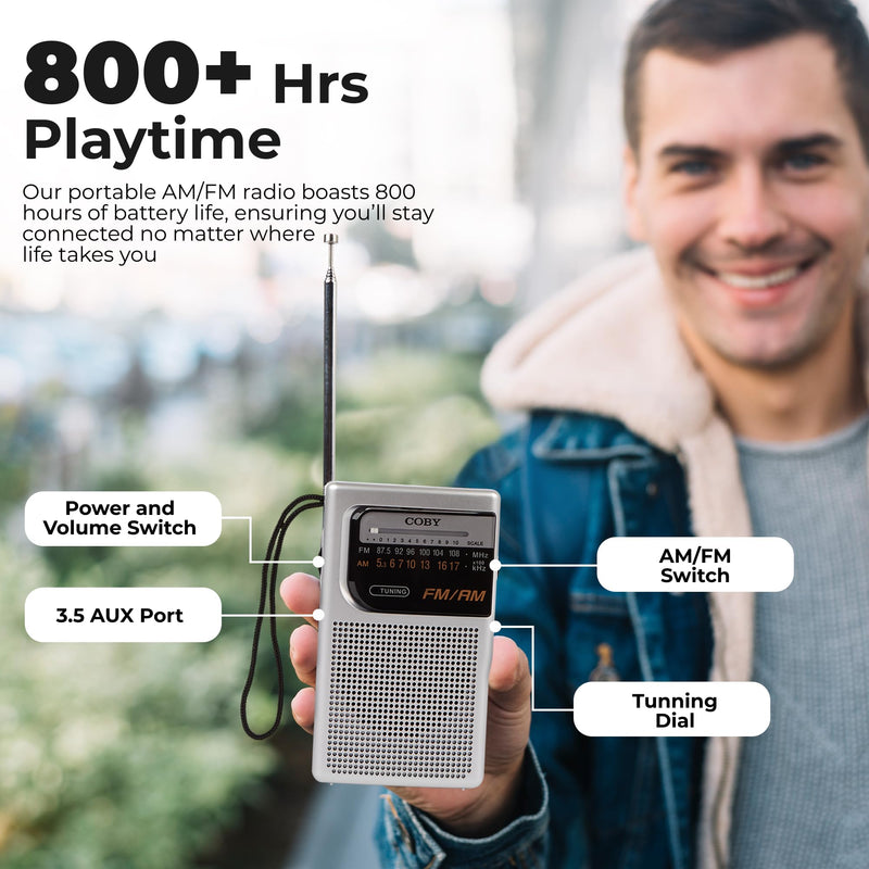 Coby Portable Radio, AM/FM, Pocket Radio, 800-HR Battery, Indoor Outdoor Mini Radio, Emergency Radio, Compact, Retro Transistor Radio A-Silver