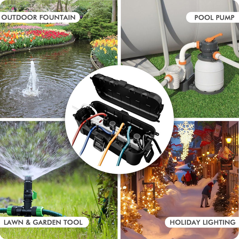 RESTMO Outdoor Electrical Box, IP54 Weatherproof Extension Cord Cover with 6 Cable Entry Ports, Waterproof Connection Box Protect Power Strip, Timer, Plug, Holiday Lights, (11.5x5.2x4 inch), Black 1 Pack