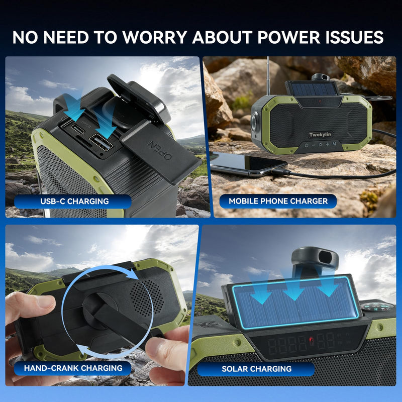 [AUSTRALIA] - Emergency Radio Waterproof Bluetooth Speaker,Hand-Crank NOAA Weather Radio with Solar Panel,5000mAH Cell Phone Charger,Flashlight,SOS,Outdoor Camping Gear Camping 