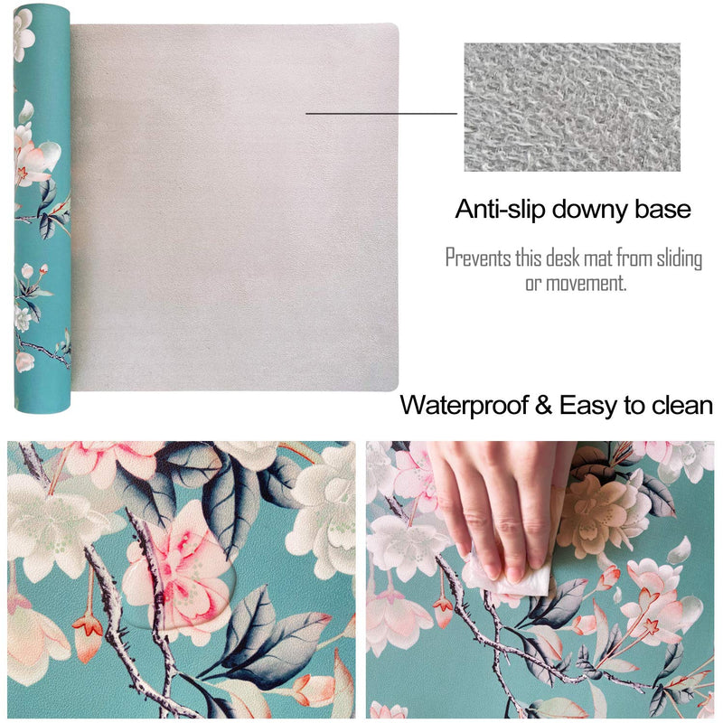 Sanfulin Multifunctional PU Leather Office Desk Pad 35.4''X15.7'' with Floral Design + Mouse Pad 10.2''×8.3''×0.12'', Extended Large Non Slip Ultra Thin Waterproof Desk Writing Mat (Chinese Flower) Chinese Flower