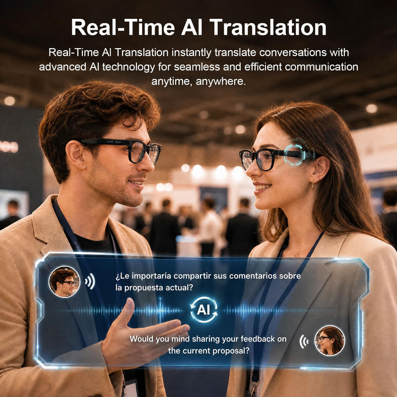 AI Smart Glasses with 1080P Video, Real-Time Translation and Open-Ear Audio | 8MP Photo Camera and AI Voice Assistant with Dual-Mic and WiFi Transfer. Swappable Lenses for Travel, Meetings and Daily Use