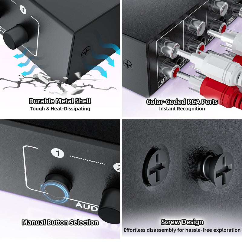 [AUSTRALIA] - 3.5mm Aux + RCA L/R Audio Splitter 1 in 4 Out, BolAAzuL 4-Way Stereo Audio Distributor Box 4-Channel Stereo RCA Splitter 1x4 for DVD Player, Game Console, Headphones, Speaker - w/Power 