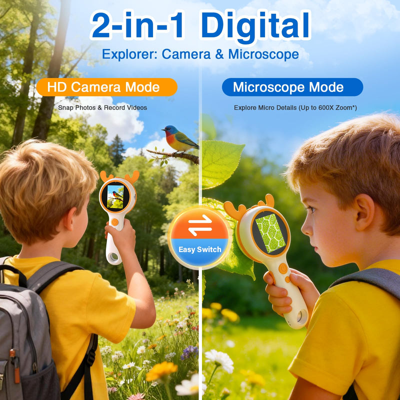 [AUSTRALIA] - Kids Microscope Orange Deer - Digital Handheld STEM Kit & 1080P Camera (600x Zoom) - Portable Science Toy for Outdoor Camping & Backyard Fun - Gift for Boys & Girls Age 5-12 