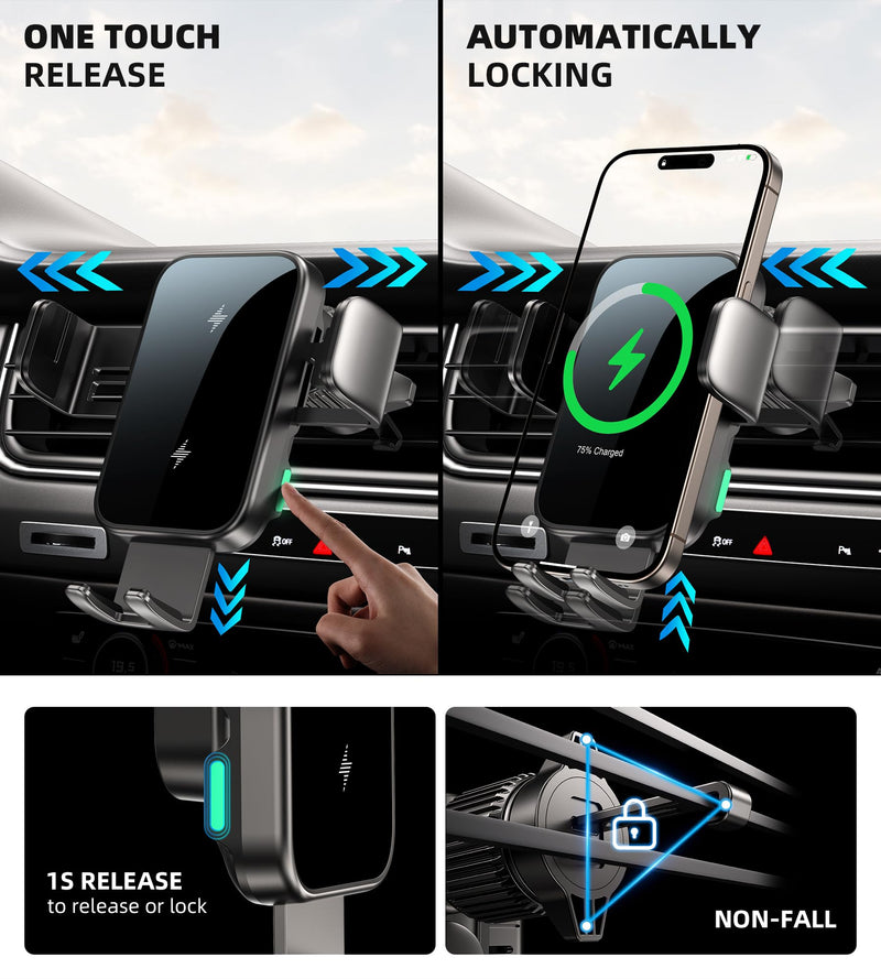 Dual Coil 15W Cup Phone Holder Mount,Wireless Car Charger Auto-Clamping Fast Charging Vent Phone Holders for Your Car for iPhone 17/16/15,Samsung Flip S25 S24 S23 S22 Ultra Black