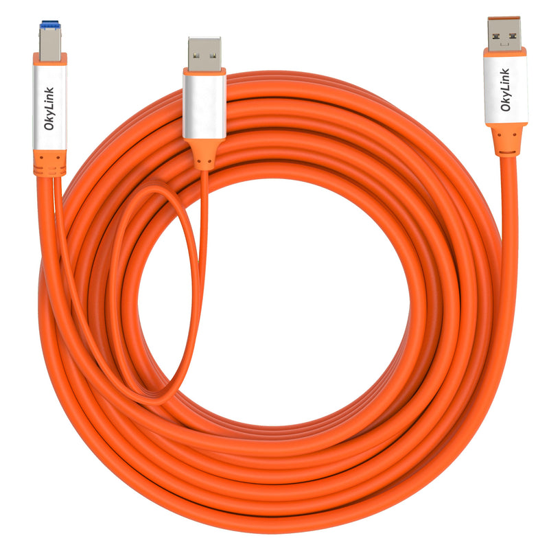 OkyLink Active USB 3.2 Gen 2 A to B Printer MIDI Cable 10Gbps, 25ft | 8m with Amplifier Chip & Aux Power, Repeater, Orange, for Office Printer, KVM, MIDI & Long-Range Data Transfer USB3.2(10Gbps) 25ft (8m)