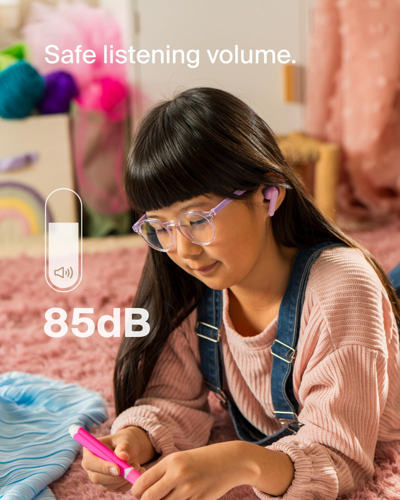 Belkin SoundForm Nano 2 Kids True Wireless Earbuds | In-ear Bluetooth earbuds for kids ages 7+, 85dB volume limiter, IPX5, ENC, touch controls, school, travel Pink