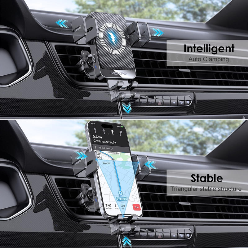 Wireless Car Charger 15W Fast Charging Auto-Clamping Air Vent Phone Mount | Cell Phone Holder Car Charger Compatible with iPhone 17 16 15/14/13/13 Pro/12 pro/12, for Samsung Galaxy Series Black