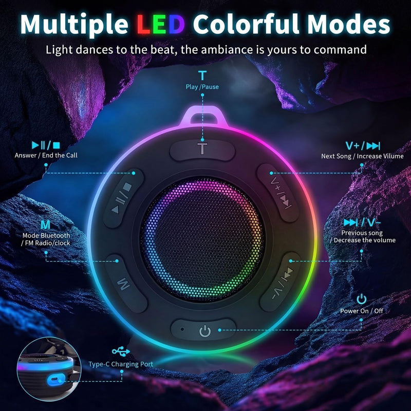[AUSTRALIA] - Portable Bluetooth Speaker with vibrant led lights, IPX6 Waterproof, Loud Stereo Sound,Hands-Free Calling/Radio, for Shower, Beach, Outdoors, Over 10 H Playtime, Mini/Small, Suction Cup & Hook 