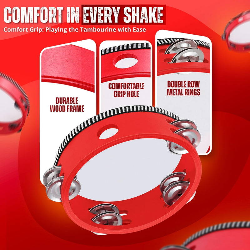 Flexzion Wood Handheld Tambourine Adults 6-Inch Double Row 8-Pair Jingles (Red) - Percussion Round Tamborines Musical Instrument with Metal Zills 6 Inch Double Row - Red
