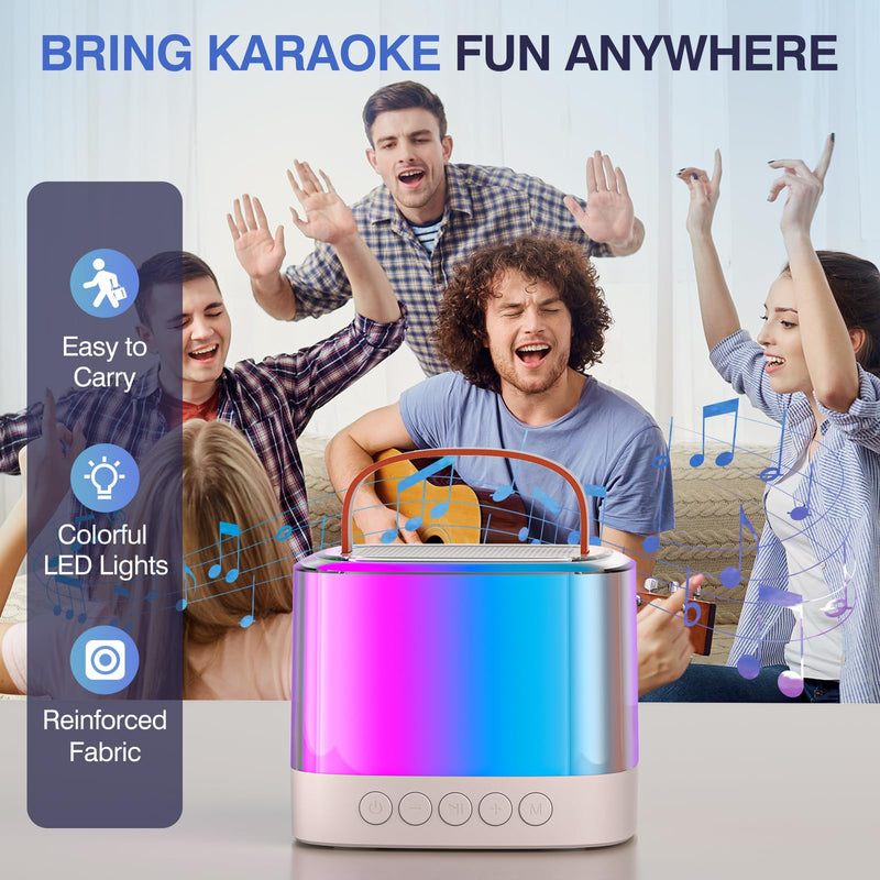 Mini Karaoke Machine for Kids Adults, Portable Bluetooth Karaoke Speaker with 2 Wireless Mics and LED Color Lights, Inside The Car, Party, Home KTV, Birthday for Girls/Boys Ages 3-12+, Beige