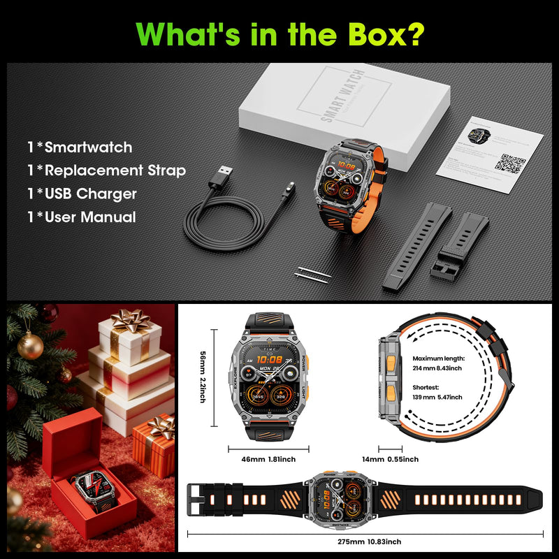 Smart Watches for Men, 2.01" HD Military Smart Watch with 1000mAh High-Capacity Battery/Led Flashlight/Answer/Make Call/Heart Rate/Sleep Monitor/Step Tracker, Fitness Tracker for Android/iPhone Orange