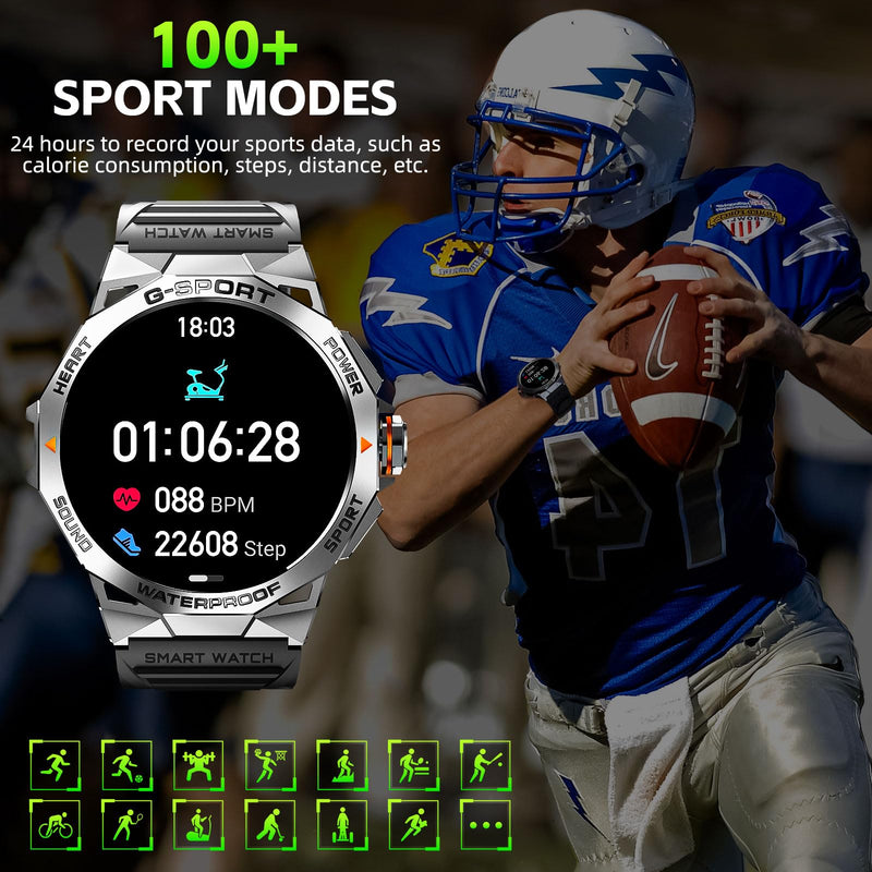 Military Smart Watch for Men with 1.43'' AMOLED Always On Display Watch | 300mAh Battery Rugged Smartwatch with Heart Rate Sleep Monitor Fitness Tracker for iPhone Android (Stainless Steel) Stainless Steel
