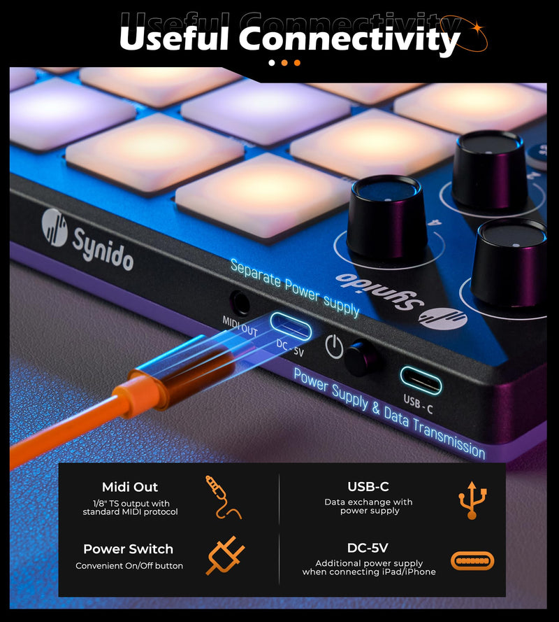 [AUSTRALIA] - Synido TempoPAD Midi Controller Beat Maker Machine for Music Production, Portable USB MIDI Beat Pad Controller for Beginners with Durable Carrying Bag, 16 Backlit Beat Pad, 4 Assignable Knob Black 16 MIDI 