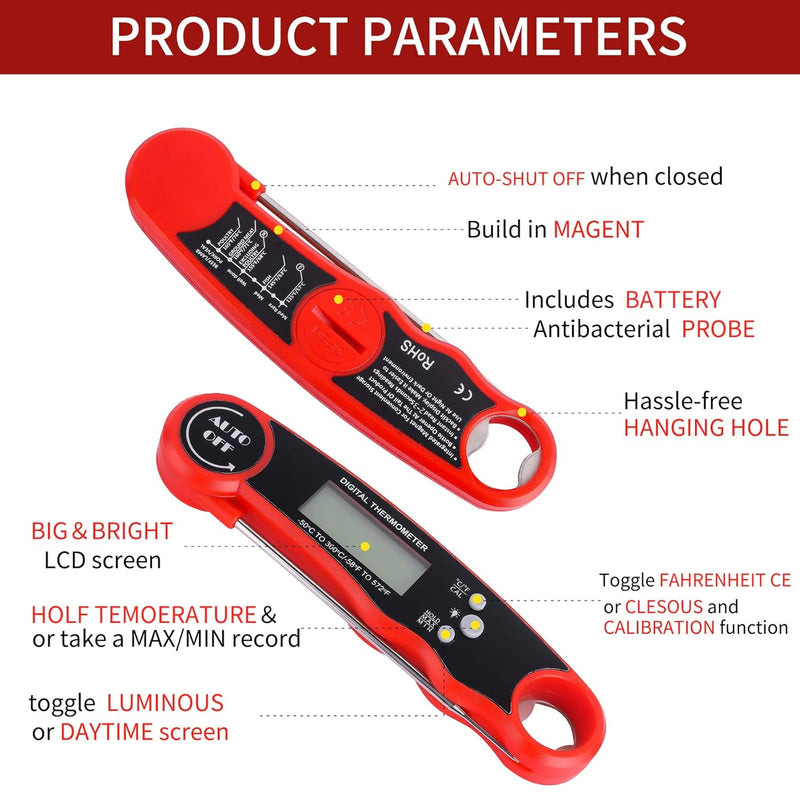 Digital Instant Read Meat Thermometer - Waterproof Kitchen Food Cooking Thermometer with Backlight LCD - Best Super Fast Electric Meat Thermometer Probe for BBQ Grilling Smoker Baking Turkey Chilli