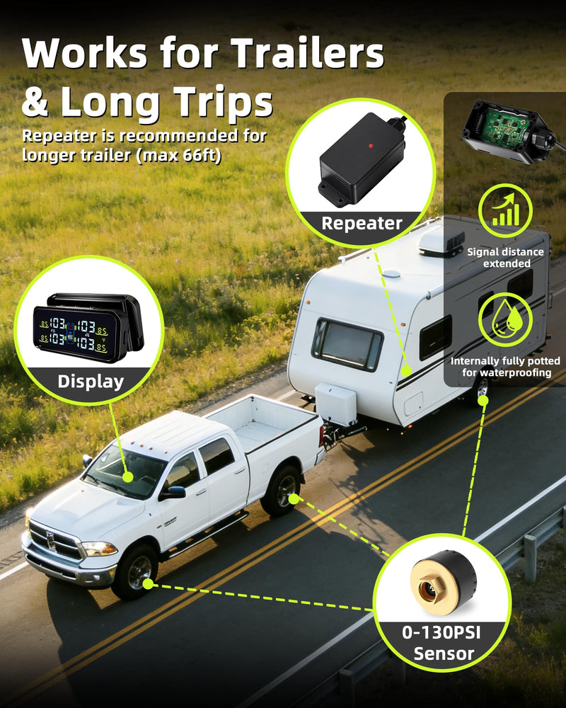 RV Tire Pressure Monitoring System, USB/Solar TPMS with 6 All-Metal Sensors, Repeater, tire Pressure Sensor, 6 Alarm Modes, 66ft Range, 0-130PSI for RV/Truck/SUV/Towing Medium Trailer TY102 TY102 - 6 Sensors+Repeater