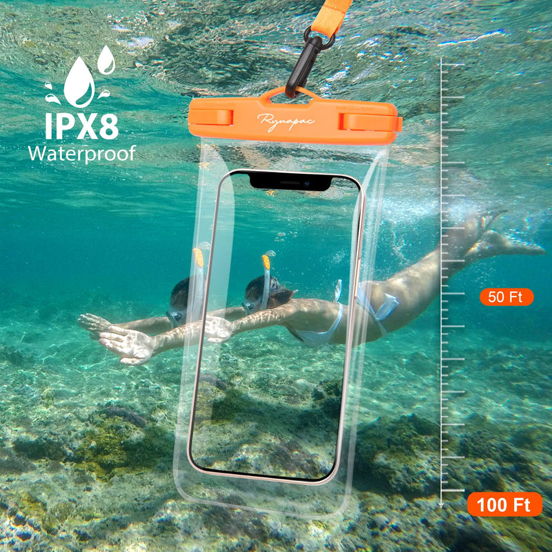Waterproof Phone Pouch Bag - 7.5in Water Proof Cell Phone Case for Beach Travel Must Haves, Waterproof Phone Holder with Lanyard for iPhone 15 Pro Max Galaxy S23 Pixel 7a, Cruise Essentials Regular [7.5-inch] [Orange + Navy] Waterproof Phone Pouch