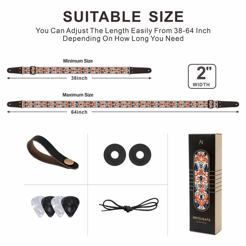 Nefelibata Guitar Strap, 2" Jacquard Embroidery Guitar Straps, Full Grain Leather Ends with Hidden Pocket, for Bass, Electric and Acoustic Guitars, Free Buckle, Strap Lock and Guitar Picks Golden Jacquard