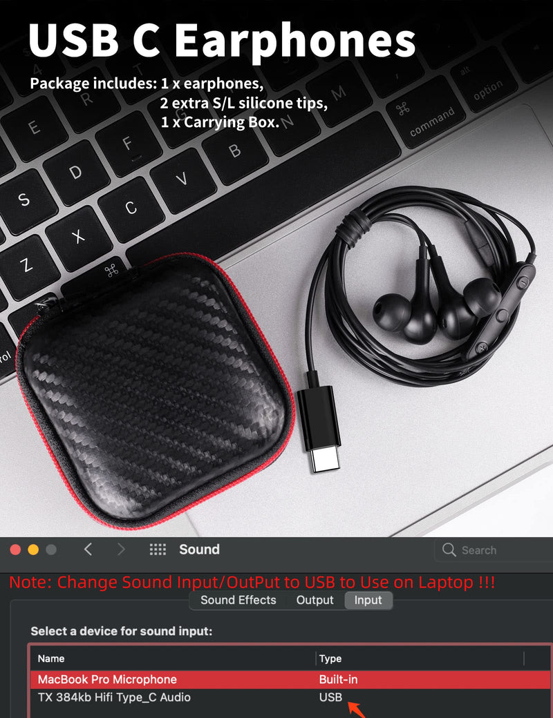 USB C Headphone for Samsung S23 FE S22 S21 S20 A53 A54 Wired Earbuds Magnetic in-Ear Type C Earphone with Microphone Volume Control Bass Stereo Noise Canceling Black