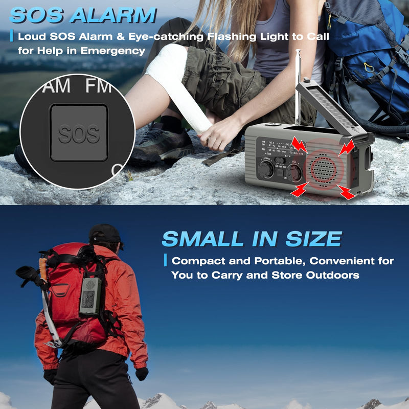 Emergency Radio 4000mAh Solar Hand Crank AM/FM/NOAA Portable Weather Radio with Phone Charger, LED Flashlight, Reading Lamp, SOS Alarm, Headphone Jack for Indoor Outdoor Emergency, USB Charged Gray