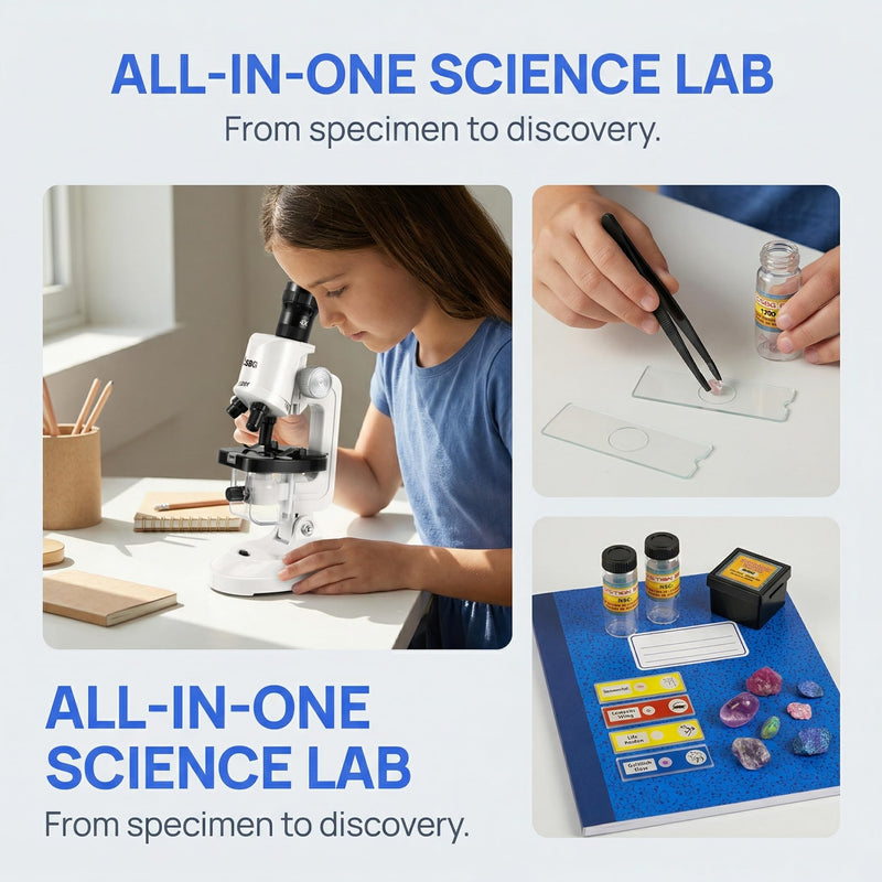 [AUSTRALIA] - Kids Microscope Kit with LED Light - 100X/400X/1200X Magnification for STEM Learning, 12 Prepared Slides, Easy-to-Use Science Learning Kit (Ages 5-12) - White 