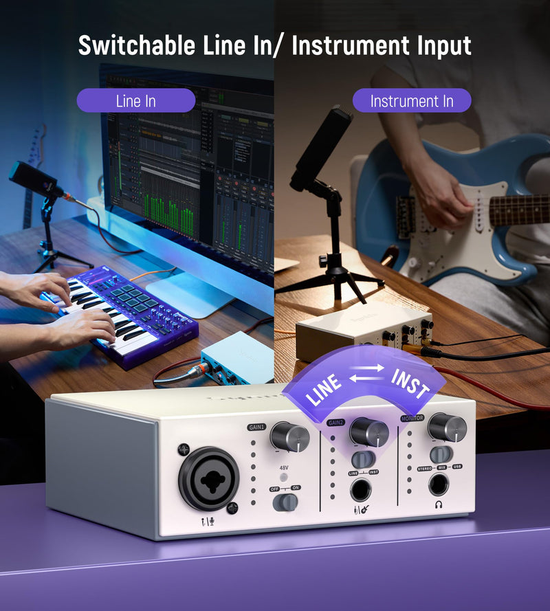 Synido Solo USB C Audio Interface for Recording Music, Streaming, Podcasting with XLR, Line Input, 24bit/48kHz, 48V Phantom Power, 2-channel, Silver Solo Audio Interafce-Silver