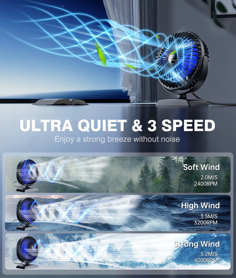 JZCreater USB Desk Fan, USB Fan Mini, 360 Rotation Desktop Fan with 3 Speed, Table Personal Cooling Fan, Quiet Mini Desk Fan, USB Powered, Small Fan for Home Office Bedroom Car Travel,Black 1 Black+Blue