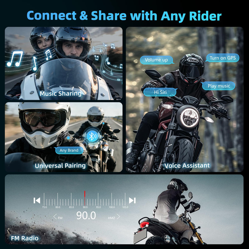 Motorcycle Helmet Bluetooth Headset, 43mm Helmet Speakers, Black, 1 Pack | 2-Way Helmet Intercom,1000m Intercom Communication,Triple Noise Reduction,Music Sharing,FM,Voice Assistant, IP67 Waterproof