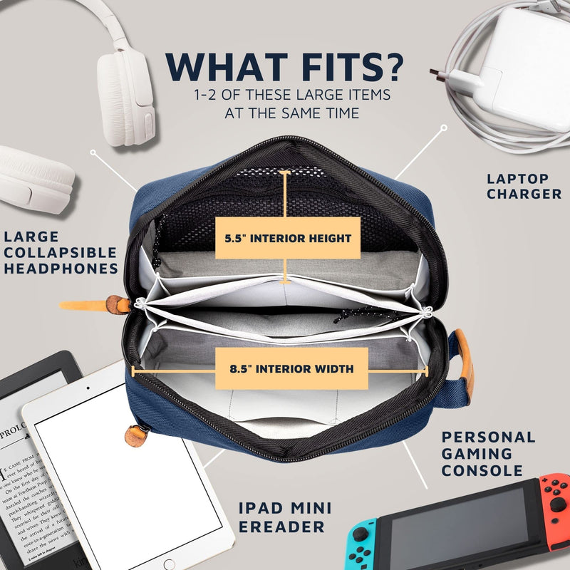 Tech Bag Organizer - Small Electronics Organizer Pouch for Travel - Premium Travel Case with Leather Accents - Mesh Pocket for Cables, Cords and Chargers (Navy) Navy