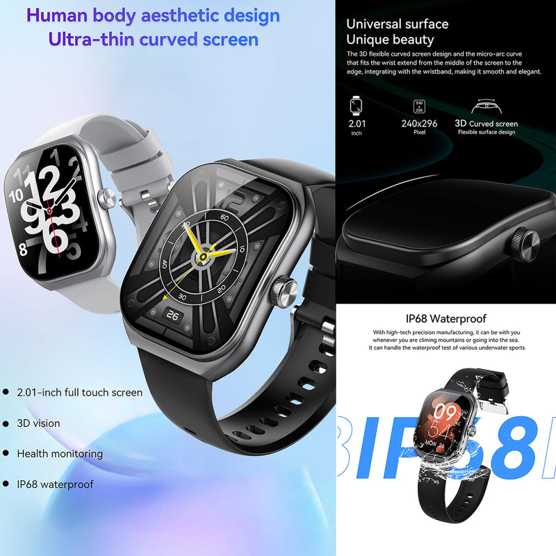 Smart Watches for Men(Answer/Make Call), 2.01" Curved Screen HD Fitness Tracker Watch with Blood Pressure/Heart Rate Monitor, SpO2, Fitness Watch for Men, Smart Watch for Android/iOS Phones (Black)