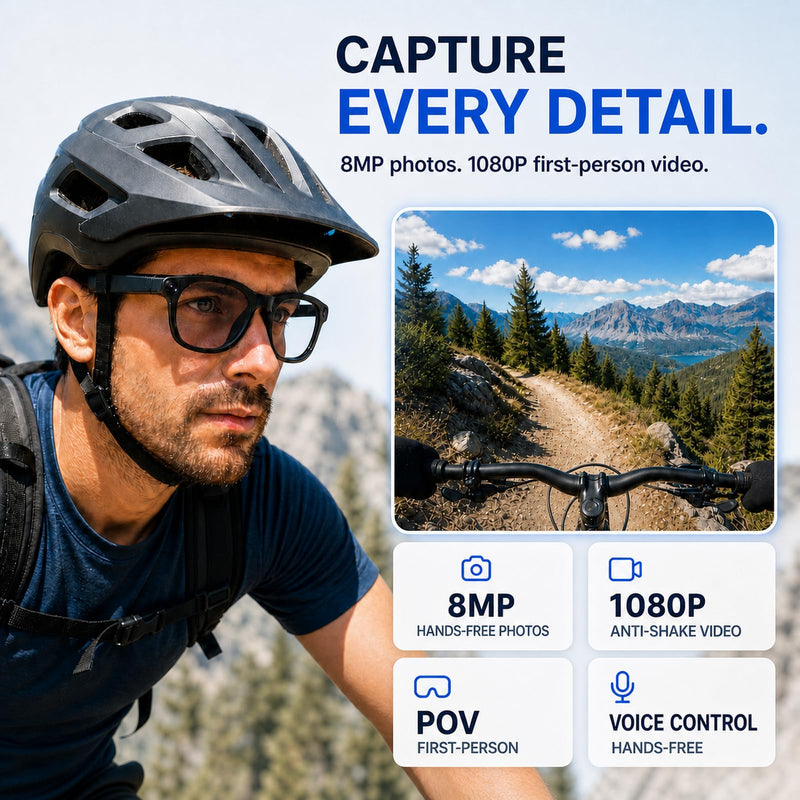 Smart Glasses with Camera - 8MP AI Glasses Video Recording 1080P Anti-Shake | POV Video, 165-Language Real-Time Translation, AI Voice Assistant, Open-Ear Audio, Bluetooth WiFi Sunglasses for Men & Women